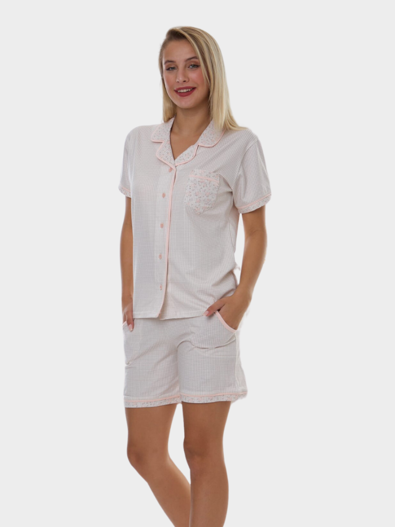 Pijama de bumbac cu cămașă și pantaloni scurți 3124