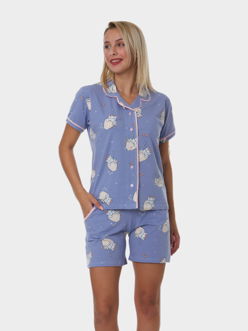 Pijama de bumbac cu cămașă și pantaloni scurți 3120