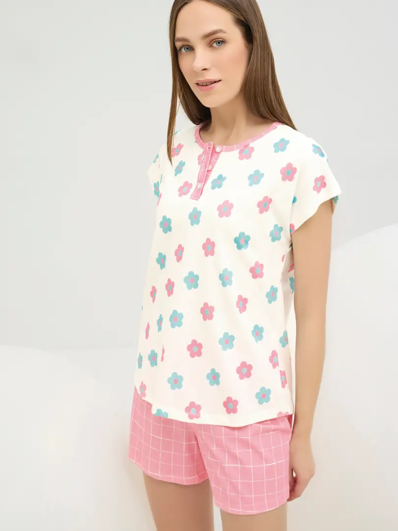 Pijama din bumbac cu flori