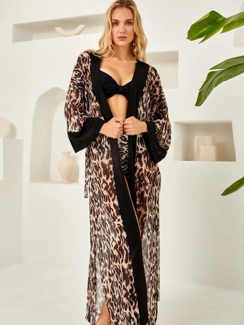 Caftan vaporos de plajă cu imprimeu leopard
