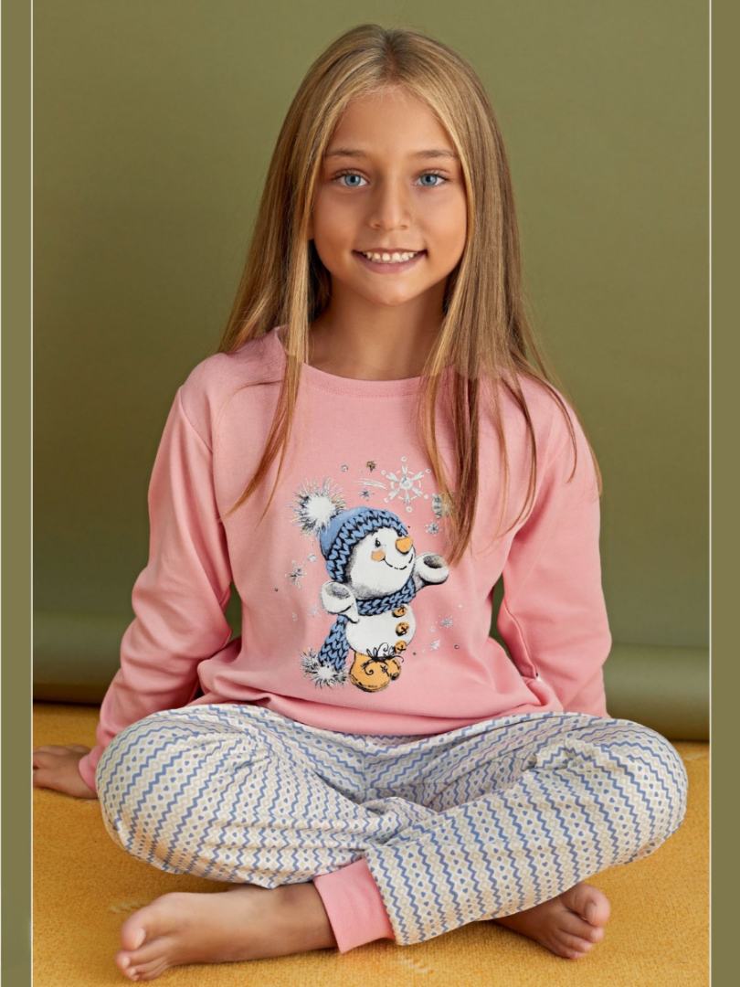 Pijama de bumbac cu om de zapadă pentru fetițe