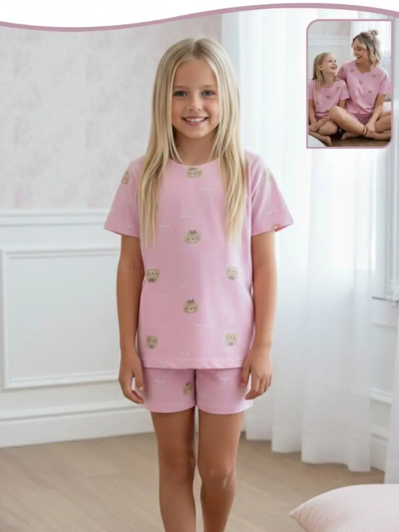 Pijama din bumbac cu pisicuțe pentru fete