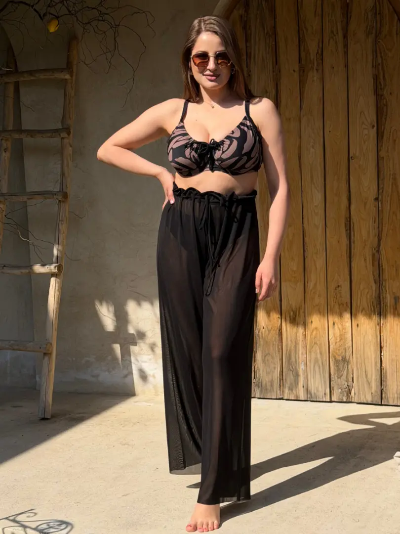 Pantaloni vaporoși de plajă cu talie înaltă