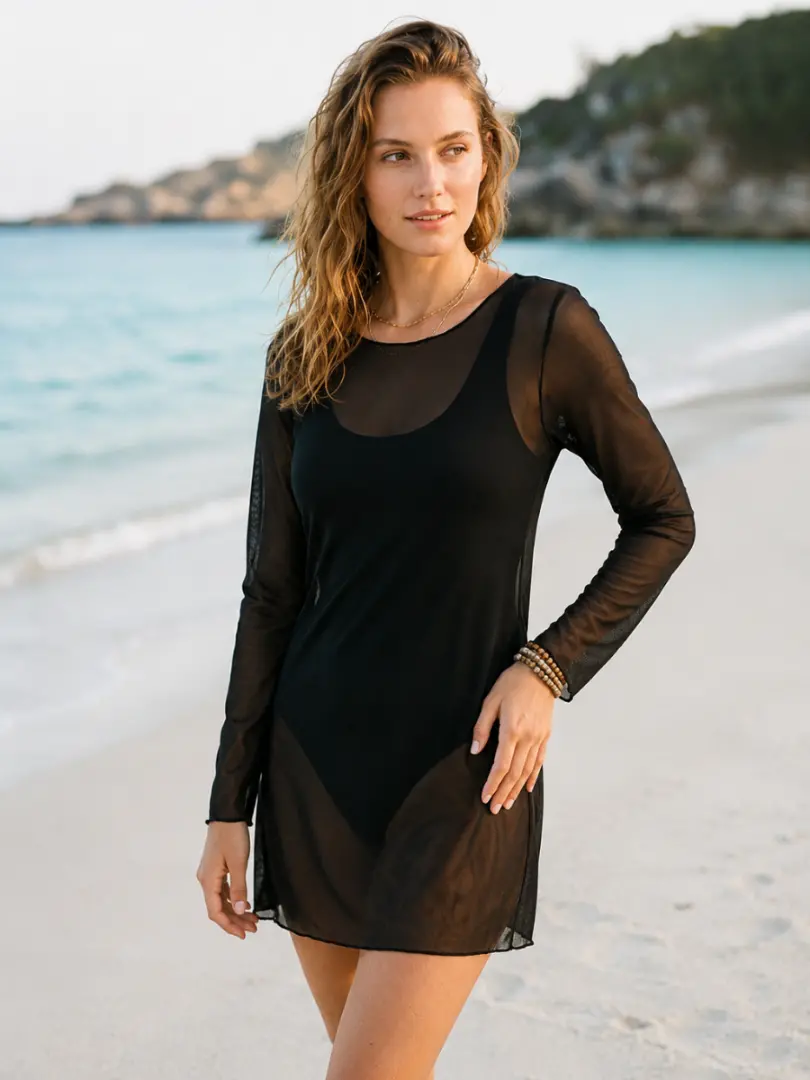 Rochie de plajă transparentă cu mâneci lungi