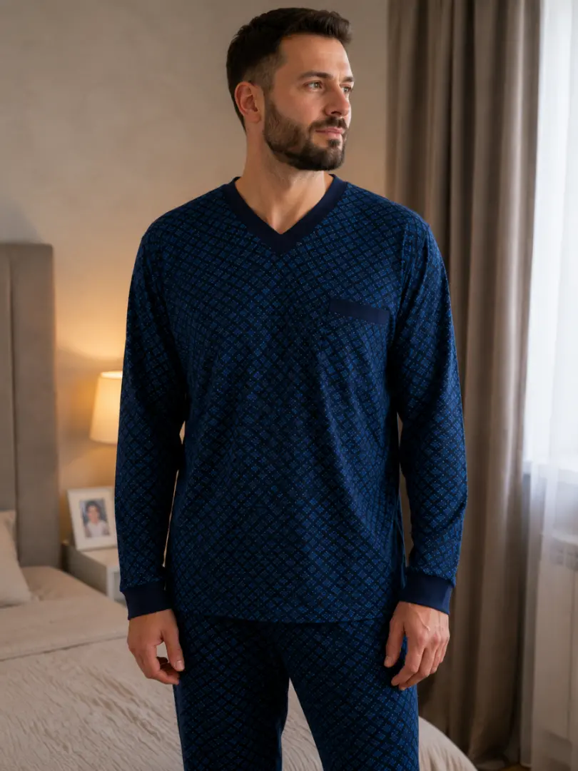Pijama din bumbac pentru bărbați cu decolteu în V