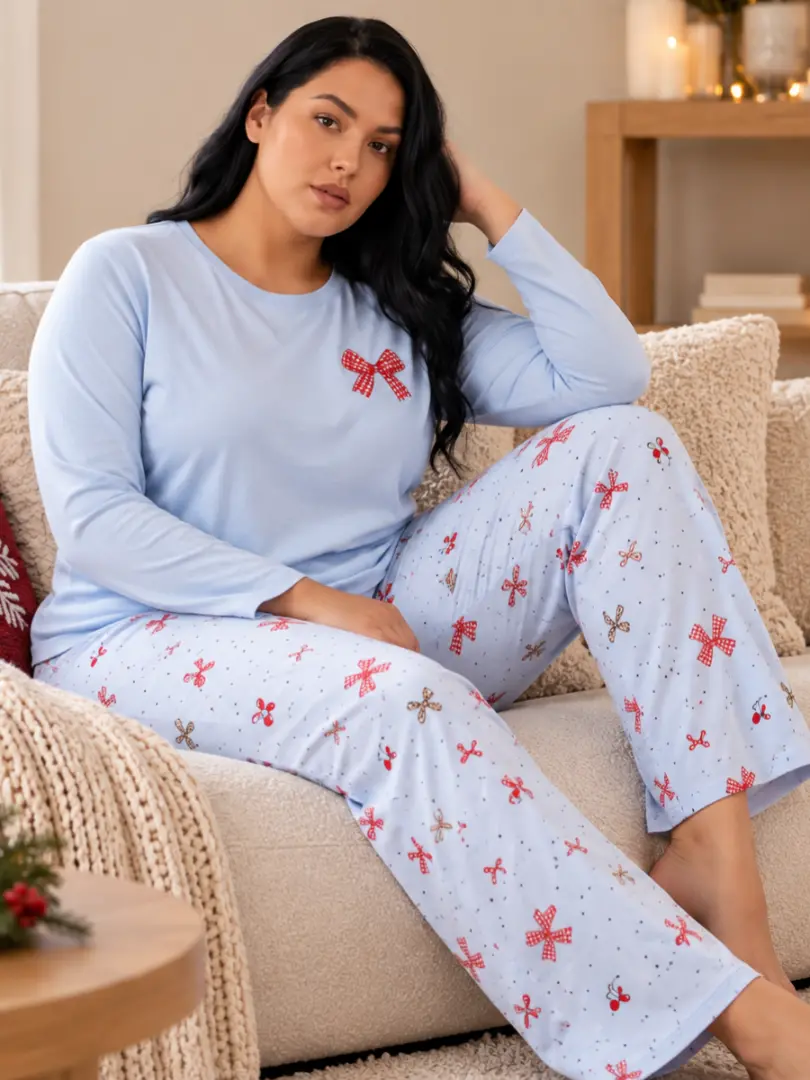 Pijama plus size cu fundițe